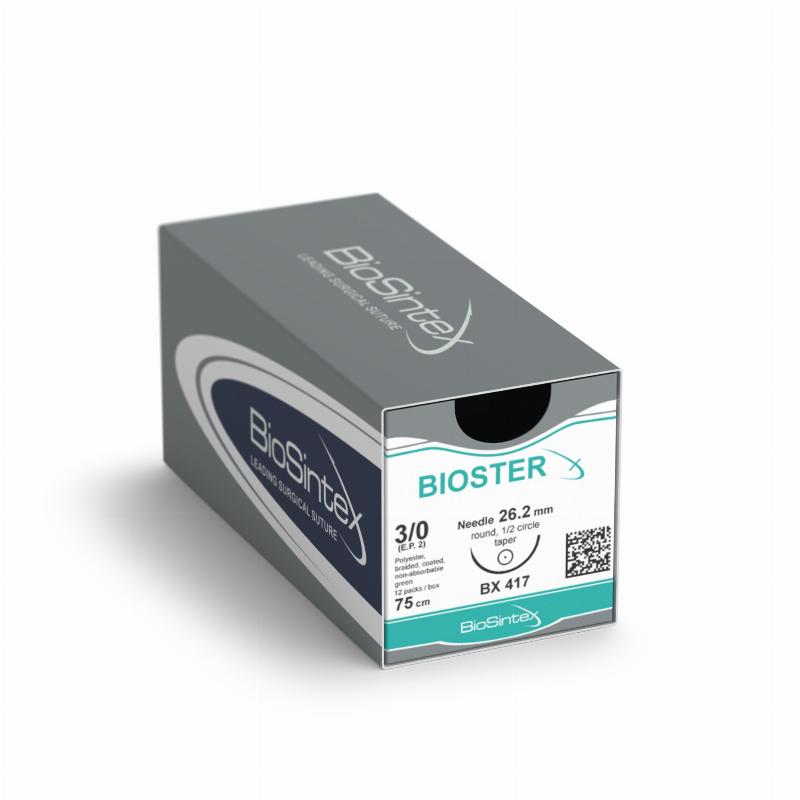 Bioster (BX 480),Поліестер, USP 3/0 (M2),90см, 2 колючі голки 22,2мм,1/2 кола